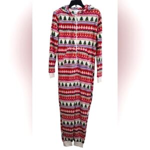 Forever 21 Festive Red and White Christmas Print Onesie With Hood Size Small